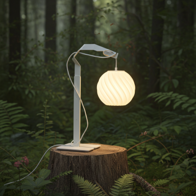 TAISEKI table lamp in white with ZUKR lampshade in enchanted rainforest