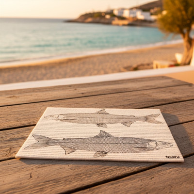 Ein Schwammtuch mit 2 Fischen darauf lieht auf einem Tisch in einer mediterranen Taverne bei Sonnenuntergang