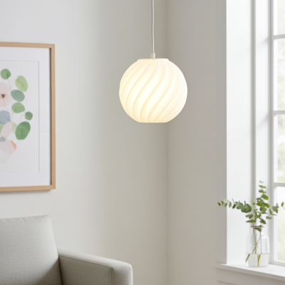 Small white Zukr pendant lamp above sofa corner